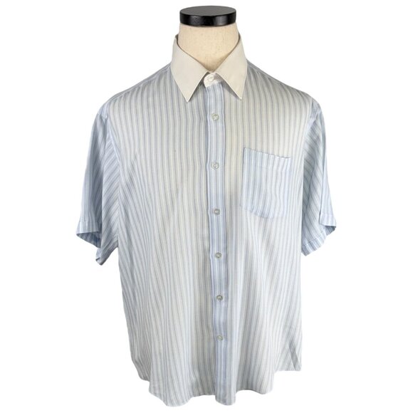 Vintage 80's Blue & White Striped Button Up Short Sleeve XL Shirt By Botany - Picture 1 of 11